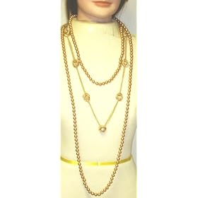 Set of Two Simulated Very Large Golden Pearl Necklace and Gold Plated Long Chain Necklace and...