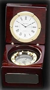 Rosewood Navigator Clock & Compass Box, Brass Accents, Includes Front Engraving Plate