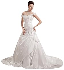 A-line Ruched Crystal Beaded Lace-Up Asymmetric Off the Shoulder Sleeveless Taffeta Wedding Dress  with a Chapel Train 