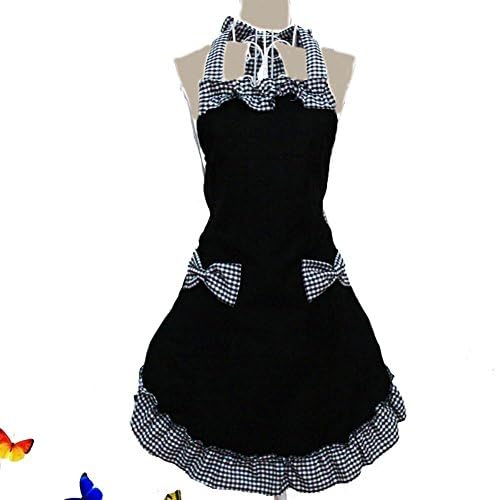 WASKY New Classical Sweet Cotton Grid Pattern Working Chefs Kitchen Cooking Cook Women's Bib Apron with Bowknots Pockets Design Great Gift for Wife Daughters Ladies (Black)