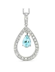 Twin Pear Shaped Diamond Pendant In 18K White Gold With A 0.65 ct. Genuine aquamarine Center Stone.