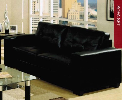 Two-Seated Sofa with Button-Tufted Seat and Back in Black Regenerated Leather
