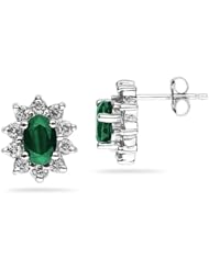 6X4mm Oval Shaped Emerald and Diamond Flower Earrings in 14k White Gold
