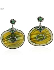 Diamond Pave Jasper & Emerald New Year Dangle Earrings 18kt Yellow Gold & Silver Jewelry