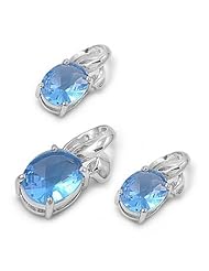 11MM BLUE TOPAZ OVAL .925 Italian Sterling Silver Earrings Pendant Combo Set