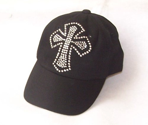 Cross Multi Rhinestone Black Baseball Visor Hat Cap