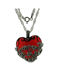 Sterling Silver Marcasite and Gemstone Colored Glass Heart Pendant Necklace,