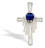 14K White Gold Heart Created Sapphire and Diamond Cross Pendant