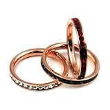3 pc Stainless Steel Stackable Channel Set Eternity Rings - Rose & Yellow Gold Plated, Clear, Ruby & Blue CZ-Size 9