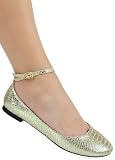 Designer Cute Metallic Casual Flat with Faux Snake Skinned Pattern and Ankle Strap from Hot Fash Shoes - FIERA Gold