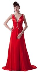 Chiffon Plunging Neck Beaded Ruched  Dress