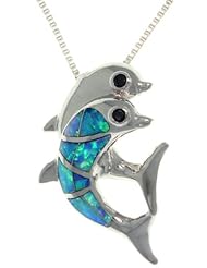 Sterling Silver Created Blue Opal and Black Cubic Zirconia Playful Dolphins Pendant with 18 Inch Box Chain Necklace