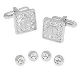 Mens Swarovski Type Crystal Bordered Cuff Links and Stud by Enrico Pardini - Silver Rhodium
