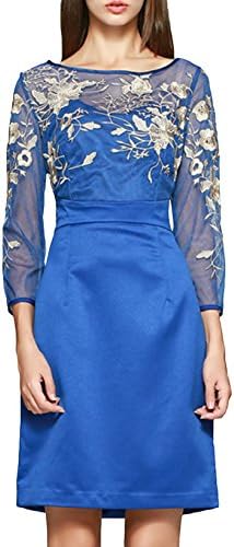 LISTEN TO ME Women's Slim Fit New Embroidery 3/4 Sleeve Short Dress Blue L