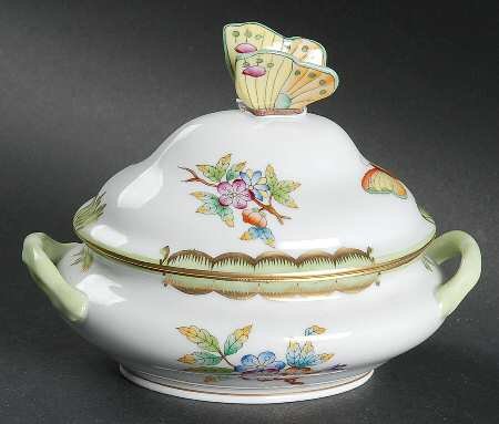 Herend Queen Victoria (Green Border) Tureen with Lid-Mini, Fine China Dinnerware