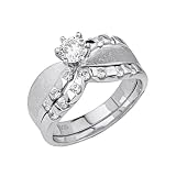 .925 Sterling Silver CZ Solitaire Wedding Engagement Ring and Matching Band 2 Pieces Set