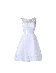 A-line Short  Sheer Applique Lace-Up  Dress With Pearls
