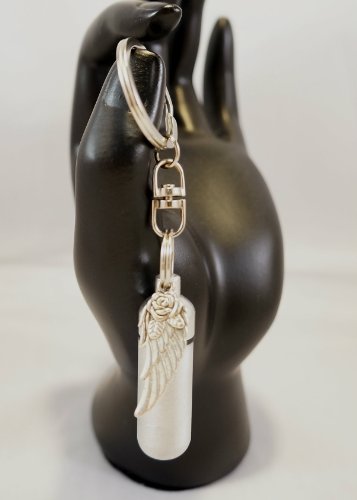 Beautiful Brushed Silver Cremation Urn - Angel Wing with Rose - on Swivel Stainless Steel Keychain - Includes Velvet Pouch & Fill Kit