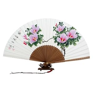 Hand Painted Folding Pink Rose of Sharon Painting Korean Mulberry Rice White Paper Bamboo Art Handheld Decorative Fan