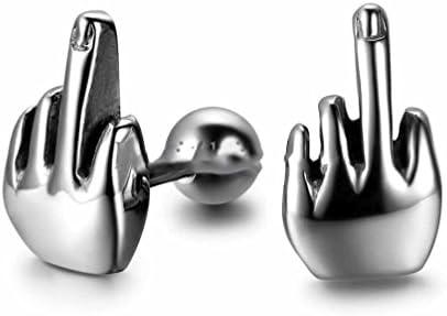 Janestore Silver Color Stainless Steel Middle Finger Cool Mens Stud Earring Set One Pair