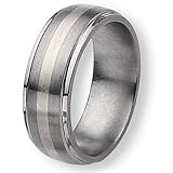 Sterling Silver Inlaid Ridged Edge Brushed & Polished Titanium Ring (8.0 mm) With Wood Box - Sizes 8-12