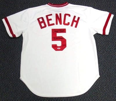 Johnny Bench Autographed/Hand Signed Mitchell & Ness Cincinnati Reds White Jersey 75 WS Champs PSA/D