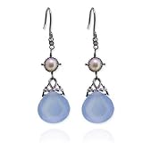 14k White Gold Pearl & Blue Chalcedony Briolette Dangle Earring