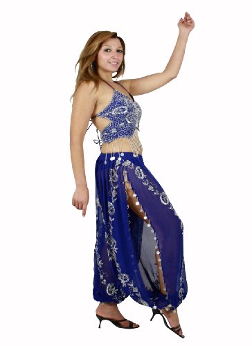 Zweiteiliges Bauchtanzkostüm Haremsdame Orient Faschingskostüm, Free Size (S bis XL) blau-silber