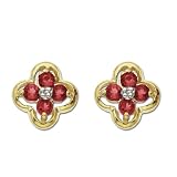 10k Yellow Gold Ruby Flower Stud Earrings w/ Diamond Accent