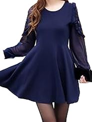 Above the Knee Round Neck Lace Bubble Dress Long Sleeves Cotton  Shirt Mini Dress 