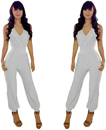 Meixuner Women's Sleeveless Slim Fitted Romper Jumpsuit V-Neck Clubwear White S