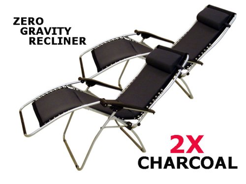 TWO Zero Gravity Padded Reclining Patio / Lounge Chair - Charcoal