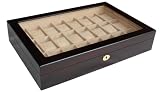 24 Piece Ebony Wood Dark Brown Watch Display Case and Wooden Storage Organizer Box