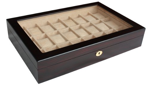 24 Piece Ebony Wood Dark Brown Watch Display Case and Wooden Storage Organizer Box