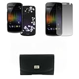 EMPIRE Verizon Samsung Galaxy Nexus I515 Black Leather Case Pouch with Belt Clip and Belt Loops + Stealth Rubberized Midnight Blue with White Flowers Design Snap-On Cover Case + Screen Protector [EMPIRE Packaging]