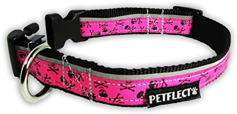 Petflect Skull and Cross Bones Reflective Collar, Small, Pink