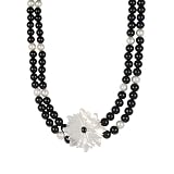 Sterling Silver Black Agate and White Freshwater Cultured Pearl with Mother-of-Pearl Flower 2-Row Necklace (8mm), 18.5