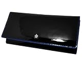 本牛革 エナメル 加工 長財布 ブラック×ブルー カラー ステッチ クラウン モチーフ付 YKK ジッパー 使用