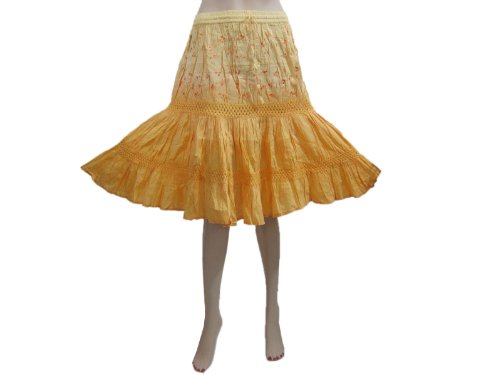 Womens Yellow Embroidered Skirt Spring Summer Fashion Boho Cotton Skirt