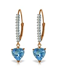 14k Rose Gold Diamond Leverback Earrings with Blue Topaz Heart
