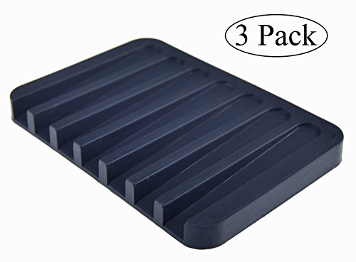 MelonBoat 3 Pack Silicone Shower Soap Dish Set, Soap Saver Holder, Rectangle Black