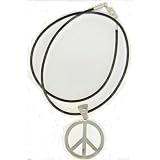 Stainless Steel, 30mm X 47mm, Peace Sign, Pendant 19 Inch Long 2 mm Diameter Black Rubber Cord Necklace