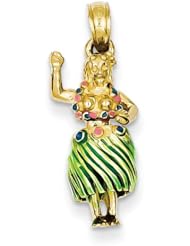 14k Yellow Gold 3-D Enameled Hula Girl with Moveable Grass Skirt Pendant