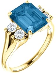 18K Yellow Gold 10.00x8.00mm Emerald Cut Swiss Blue Topaz and Diamond Ring -- LIFETIME WARRANTY