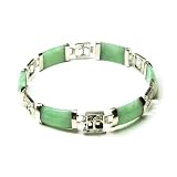 Sterling Silver Green Chinese Jade Six-Section Tabular Bracelet with Character Clasp and Stations,...