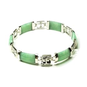 Sterling Silver Green Chinese Jade Six-Section Tabular Bracelet with Character... by