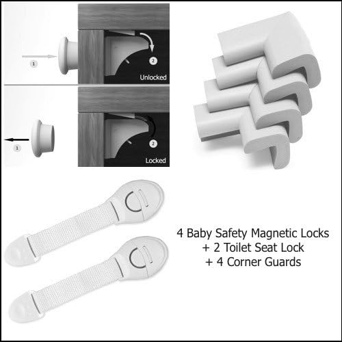 Baby Safety Magnetic Locks (4 Locks + 1 Key) + 2 Toilet Seat Lock + 4 Corner Guards