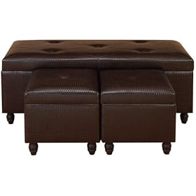 Set 3 Mocha Leather Ottoman Bench + 2 Footstools