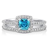 Cushion Aquamarine CZ Sterling Silver 2Pc Halo Bridal Ring Set 0.46 ct - Nickel Free Engagement Wedding Ring Set
