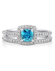 Cushion Aquamarine Cz Sterling Silver 2pc Halo Bridal Ring Set 0.46 Ct -... by 